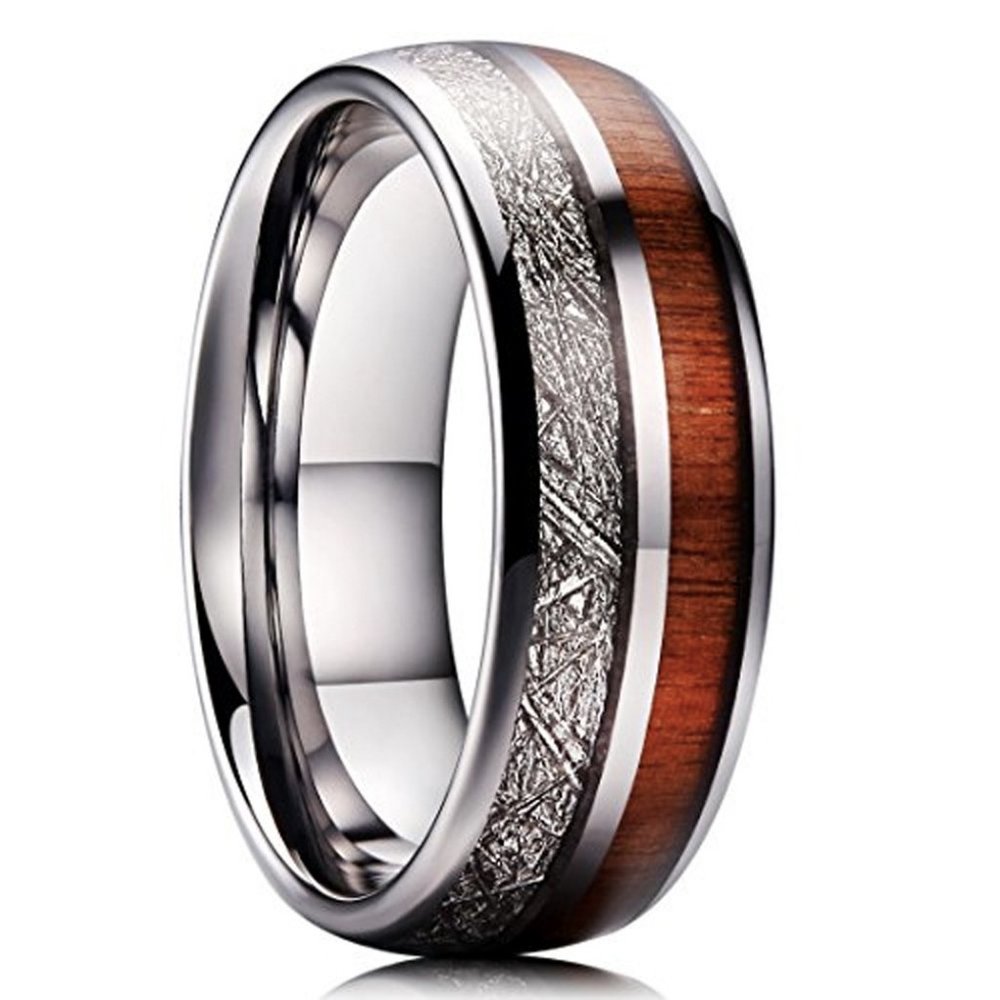 Men's Wedding Tungsten Wedding Band (8mm). Wood Inlay with Inspired Meteorite.